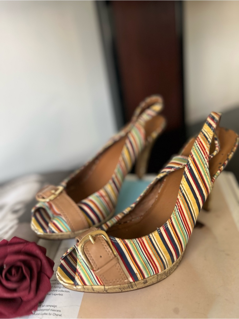 candies 9 Women's Multicolor Striped Peep-Toe Slingback Wedges